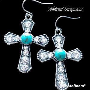 🆕 Turquoise & Rhinestone Cross Earrings